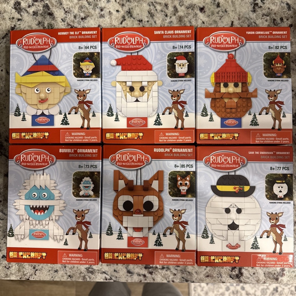 Brickcraft Rudolph Red-Nosed Reindeer Lot Of 6 Christmas Ornament NEW